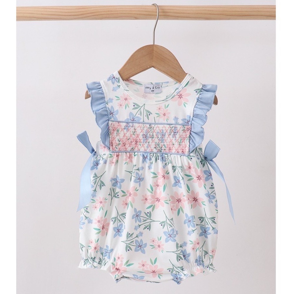 Abby & Evie Baby Girl Floral Smocked Bubble Romper Blue Pink White 12M NWT